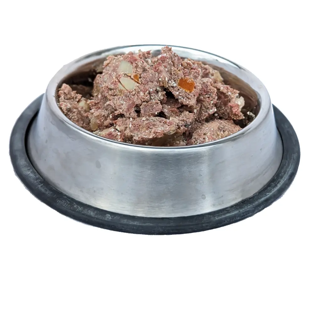 Ein artgerechtes Hundenassfutter mit Rind mit 65% Fleisch und ohne physiologische Zusatzstoffe.